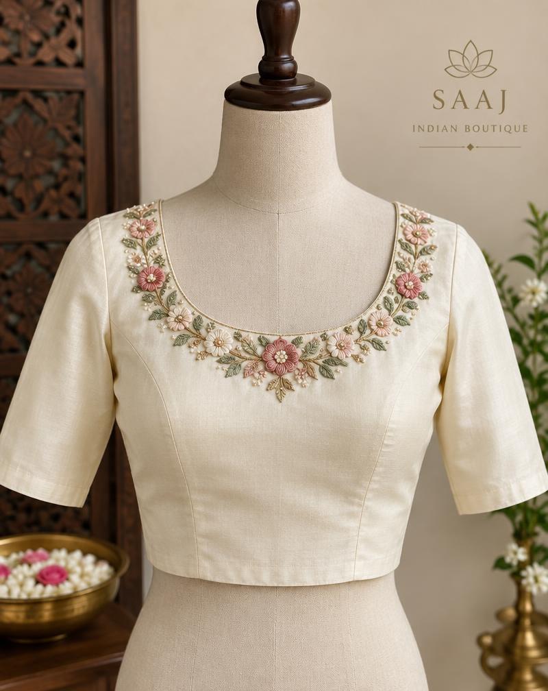 Ivory blouse with floral handwork around the neckline