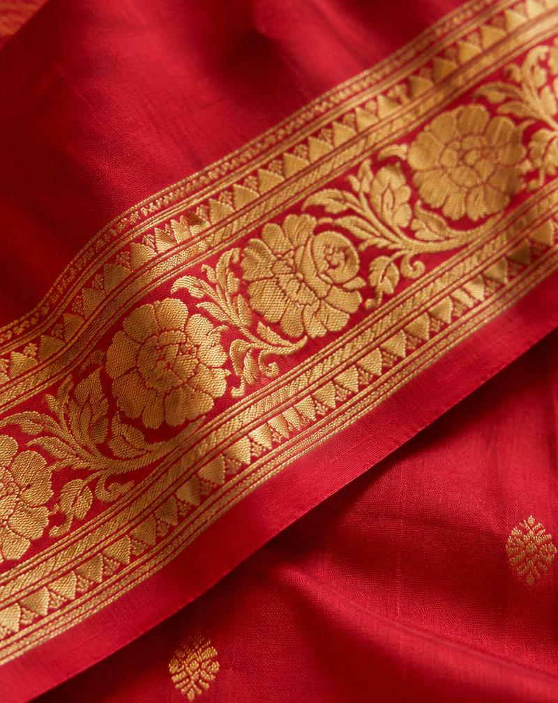 Red and gold decorative trim along a saree edge