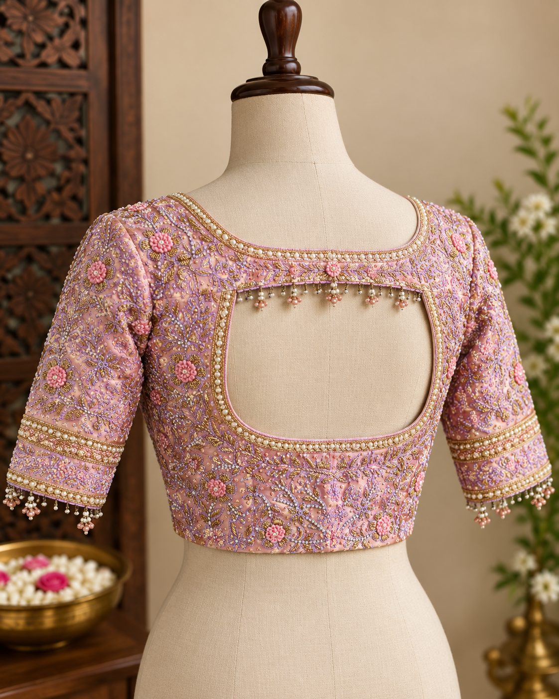 Pink designer blouse with pearl tassels on a mannequin