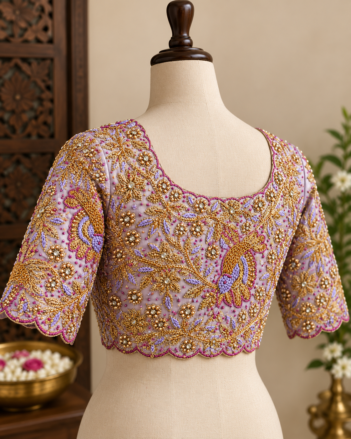 Lavender blouse with heavy gold zari embroidery on a mannequin