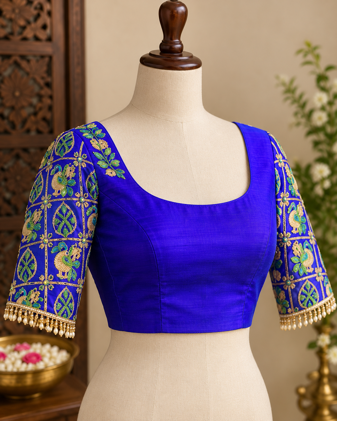 Royal blue blouse with peacock maggam sleeves on a mannequin