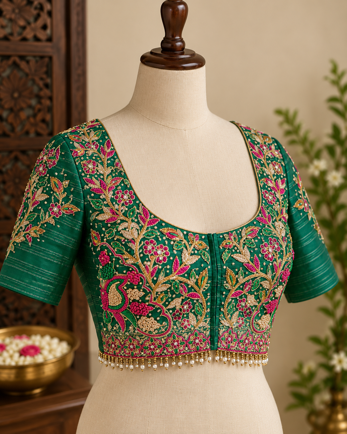 Green blouse with pink and gold aari embroidery on a mannequin