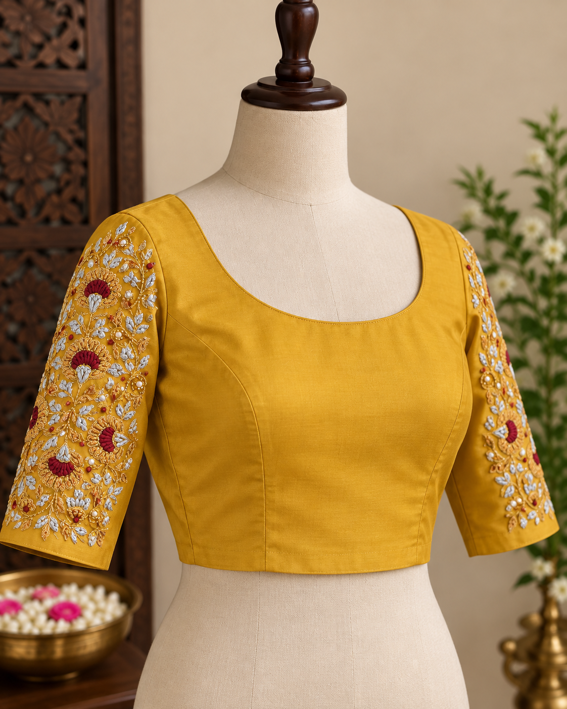 Mustard blouse with floral thread embroidery on a mannequin